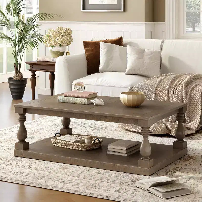 Vintage Coffee Table Wood Sofa Side Table Retro Center Table with Artistic Vase Column Legs, Black/Brown/Gray-ModernLuxe