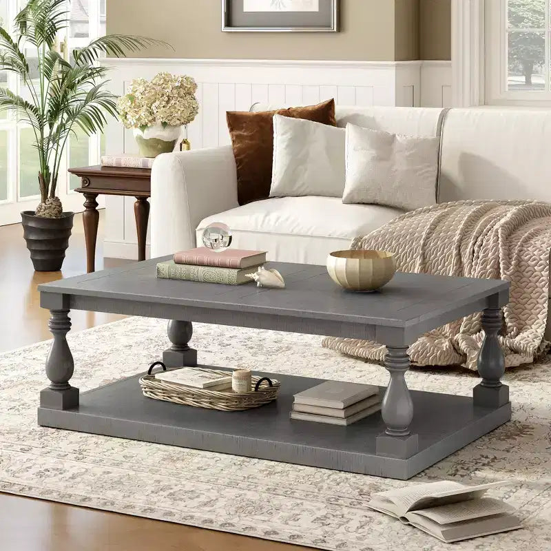 Vintage Coffee Table Wood Sofa Side Table Retro Center Table with Artistic Vase Column Legs, Black/Brown/Gray-ModernLuxe