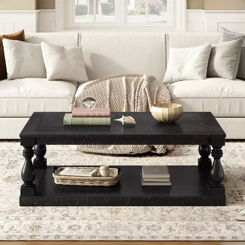 Vintage Coffee Table Wood Sofa Side Table Retro Center Table with Artistic Vase Column Legs, Black/Brown/Gray-ModernLuxe