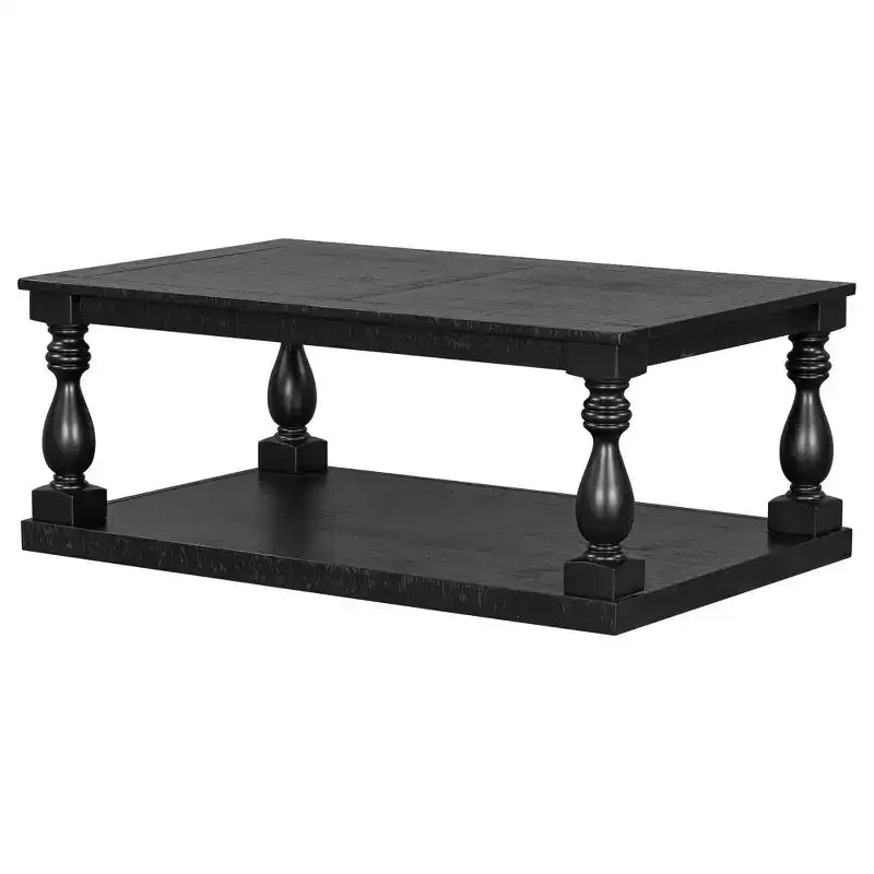 Vintage Coffee Table Wood Sofa Side Table Retro Center Table with Artistic Vase Column Legs, Black/Brown/Gray-ModernLuxe