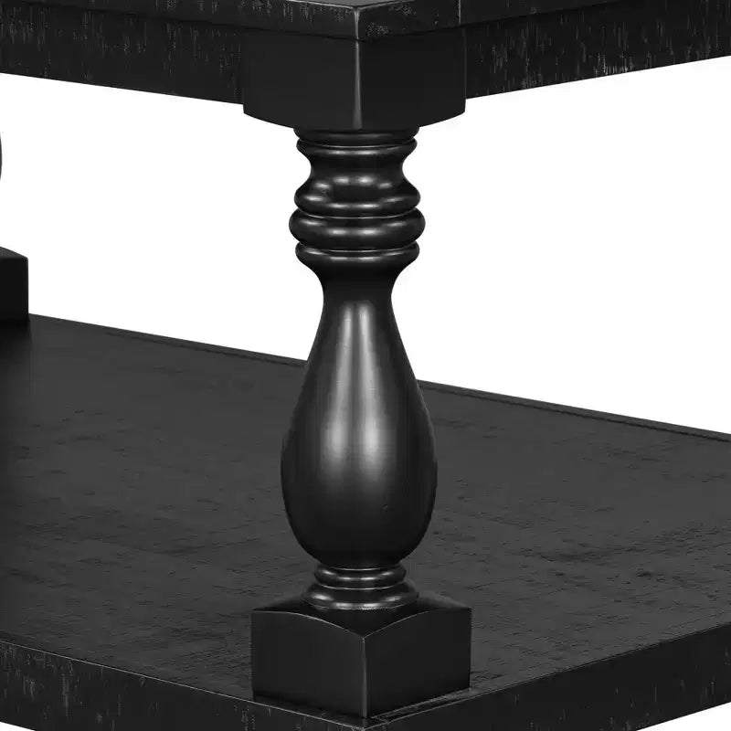 Vintage Coffee Table Wood Sofa Side Table Retro Center Table with Artistic Vase Column Legs, Black/Brown/Gray-ModernLuxe