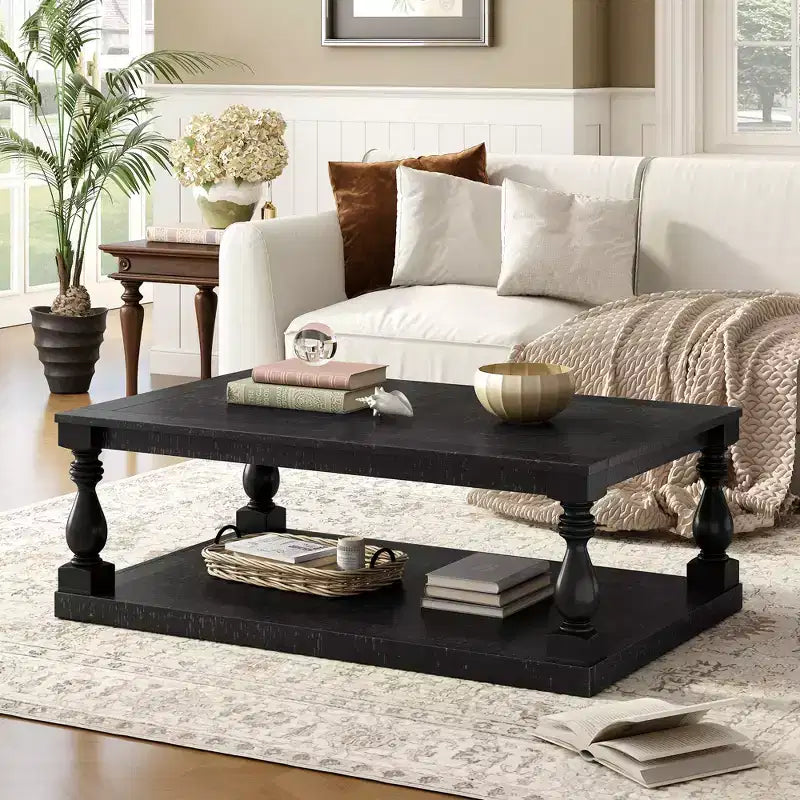 Vintage Coffee Table Wood Sofa Side Table Retro Center Table with Artistic Vase Column Legs, Black/Brown/Gray-ModernLuxe