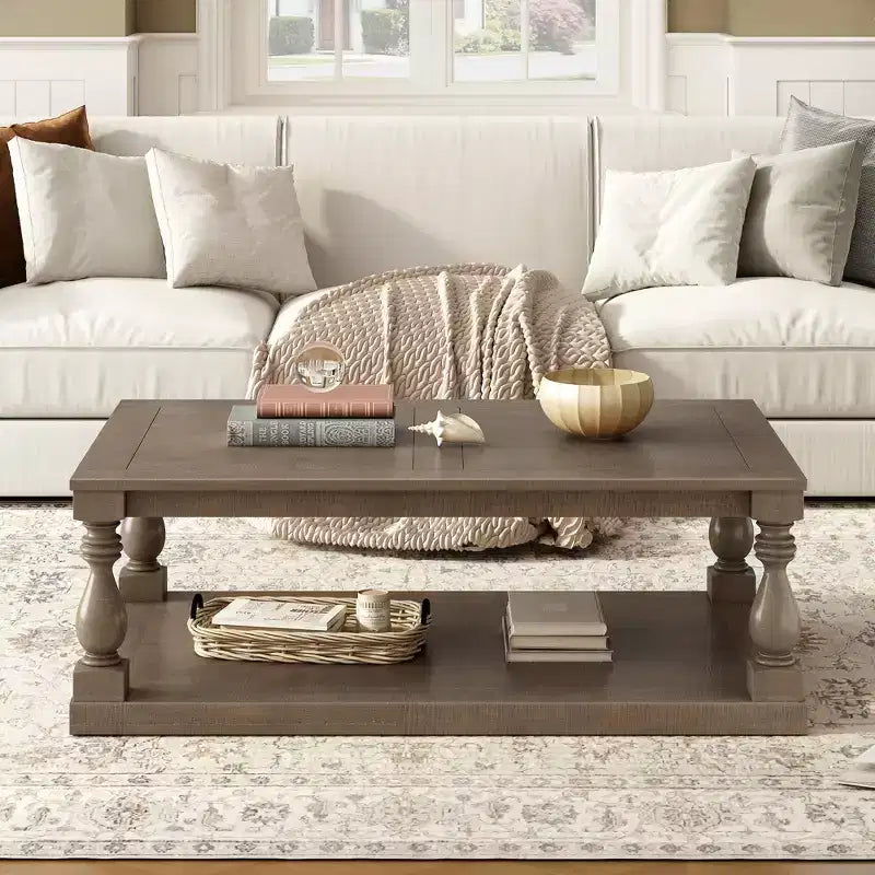 Vintage Coffee Table Wood Sofa Side Table Retro Center Table with Artistic Vase Column Legs, Black/Brown/Gray-ModernLuxe