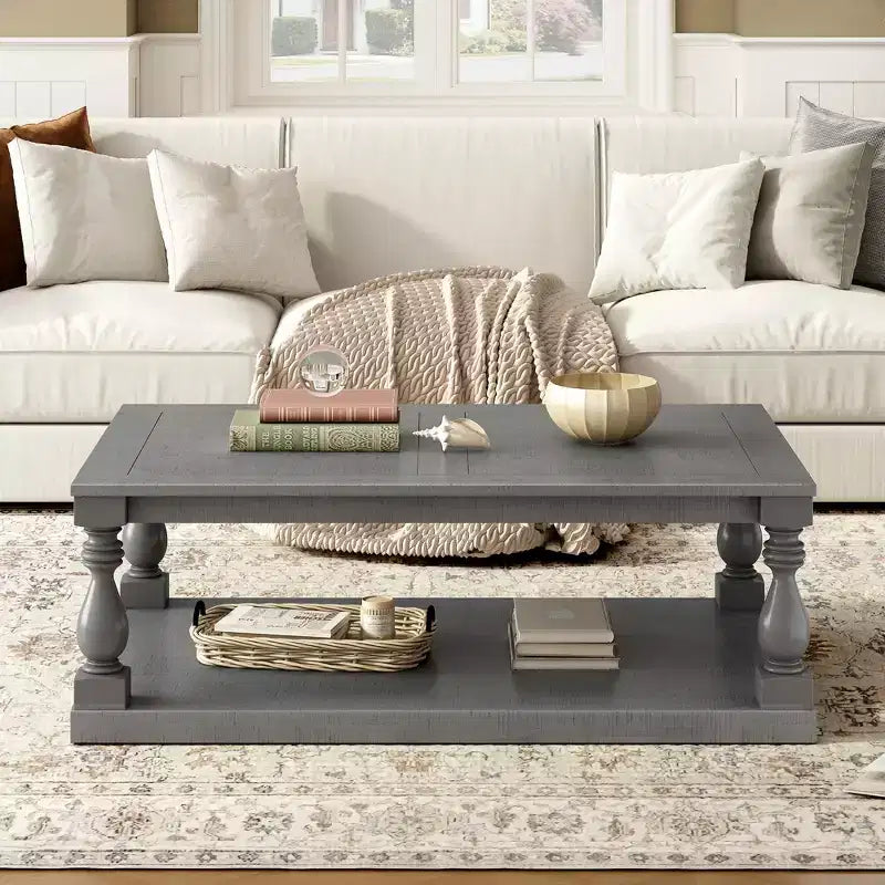 Vintage Coffee Table Wood Sofa Side Table Retro Center Table with Artistic Vase Column Legs, Black/Brown/Gray-ModernLuxe