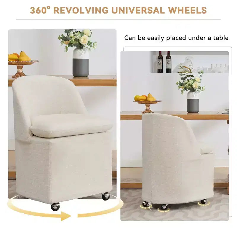Set of 2 Chenille Fabric Dining Chairs With Universal Wheels,Beige