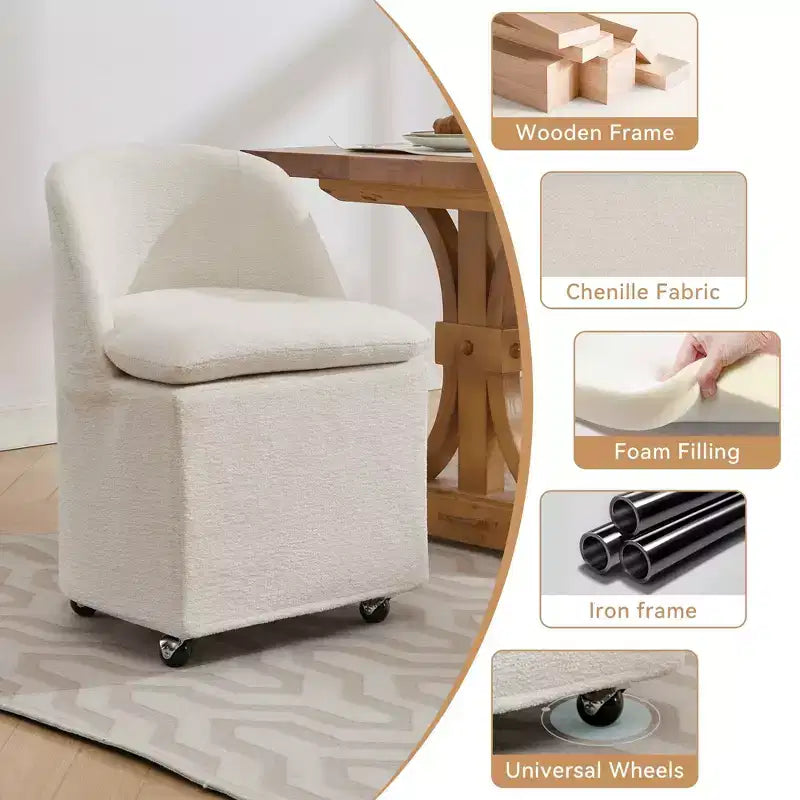 Set of 2 Chenille Fabric Dining Chairs With Universal Wheels,Beige