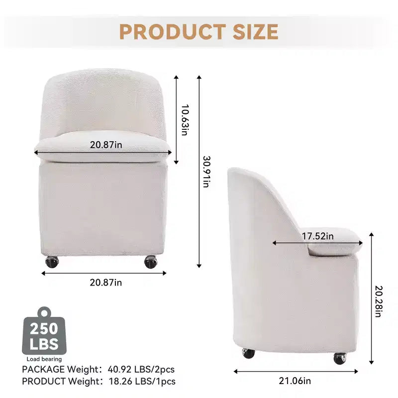 Set of 2 Chenille Fabric Dining Chairs With Universal Wheels,Beige