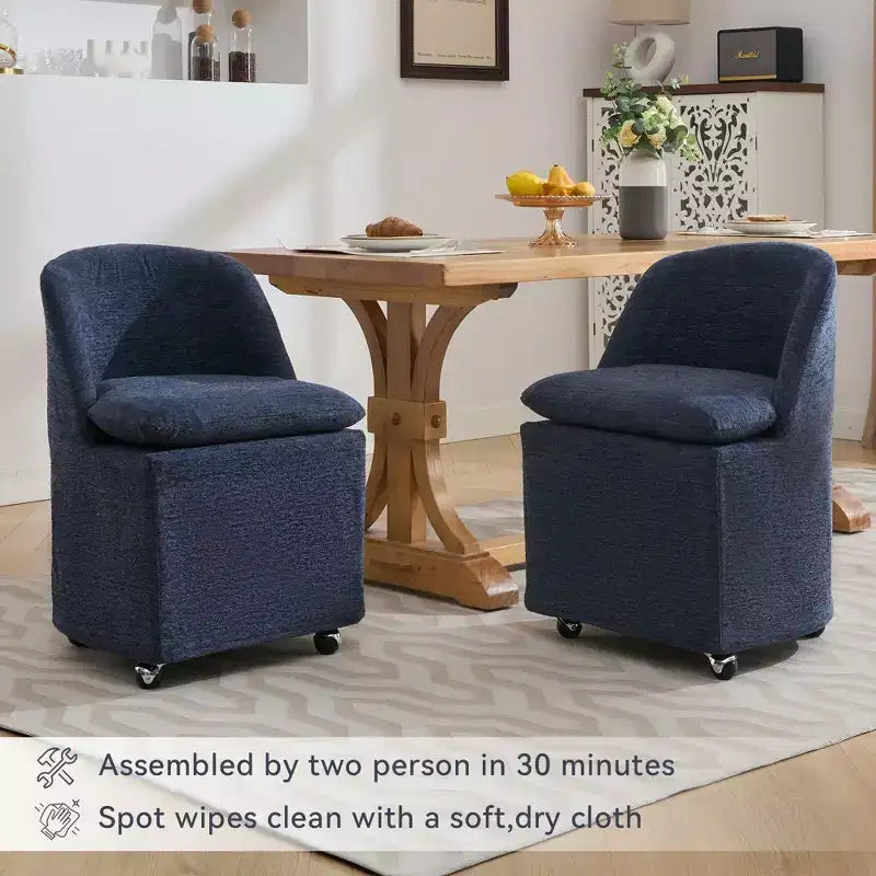 Set of 2 Chenille Fabric Dining Chairs With Universal Wheels,Beige