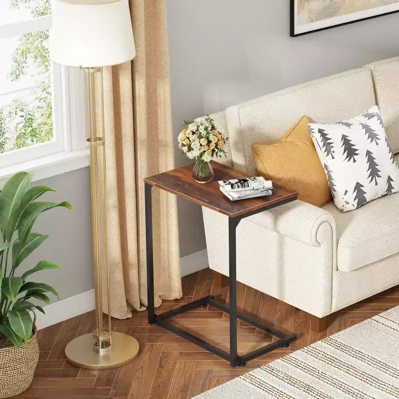 C-Shaped End Table, Small Side Tables for Sofa, Wide Couch Table That Slide Under, Laptop Snack Table