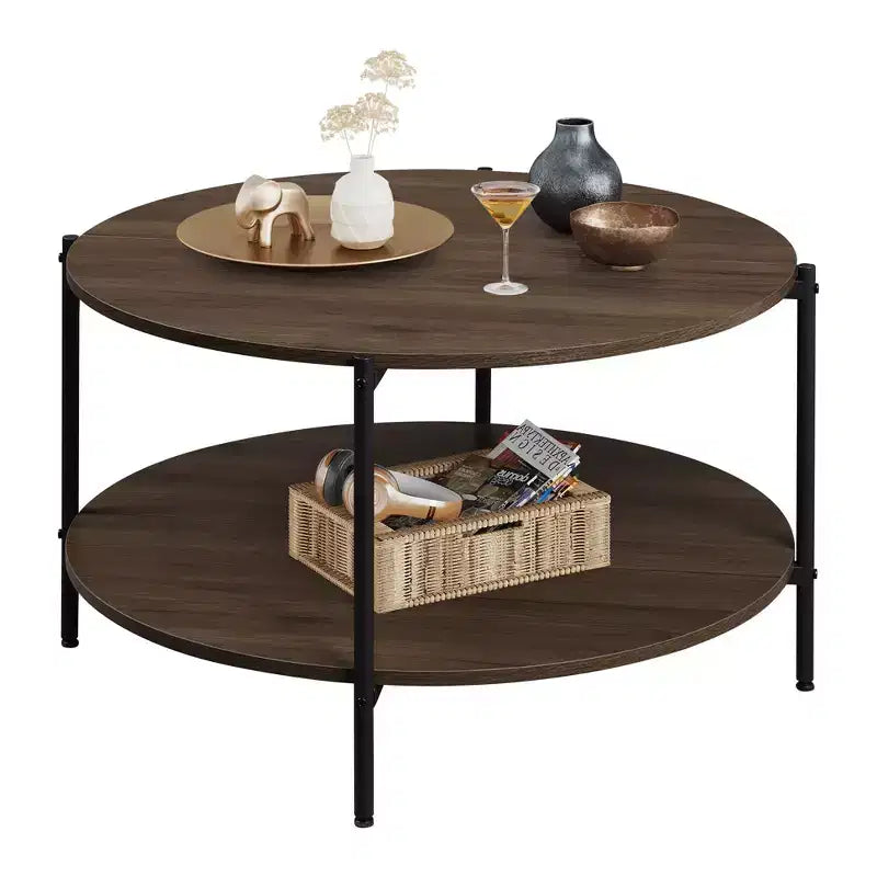 32.6 Round Coffee Table with Open Storage Shelf, 2-Tier Industrial Circle Wood Center Table