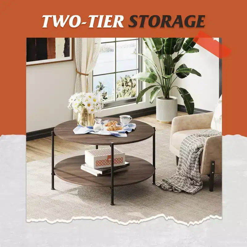 32.6 Round Coffee Table with Open Storage Shelf, 2-Tier Industrial Circle Wood Center Table