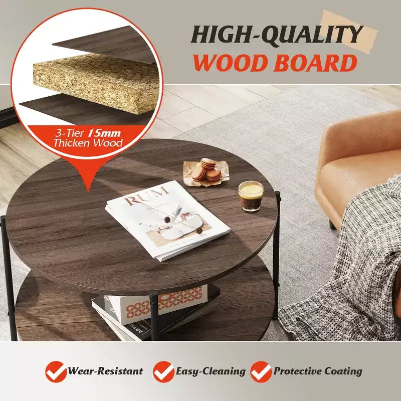 32.6 Round Coffee Table with Open Storage Shelf, 2-Tier Industrial Circle Wood Center Table