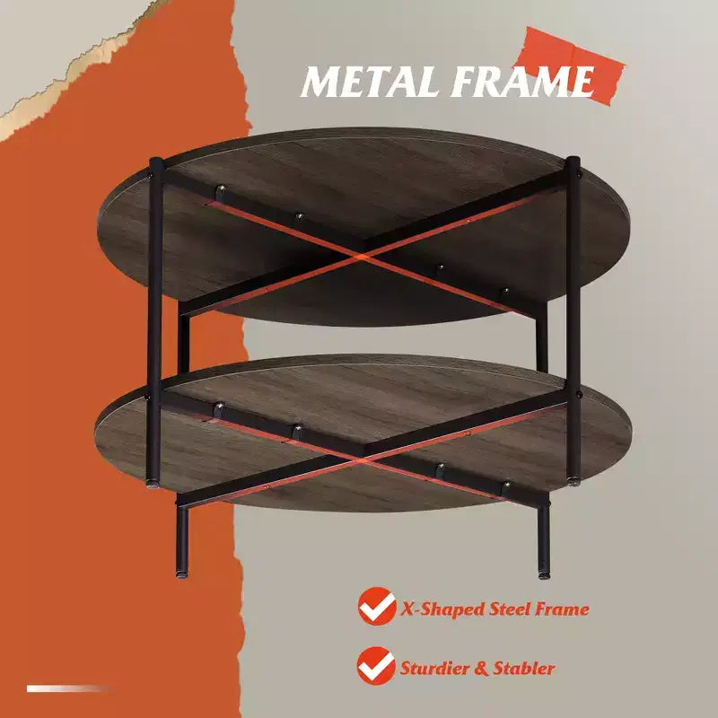 32.6 Round Coffee Table with Open Storage Shelf, 2-Tier Industrial Circle Wood Center Table