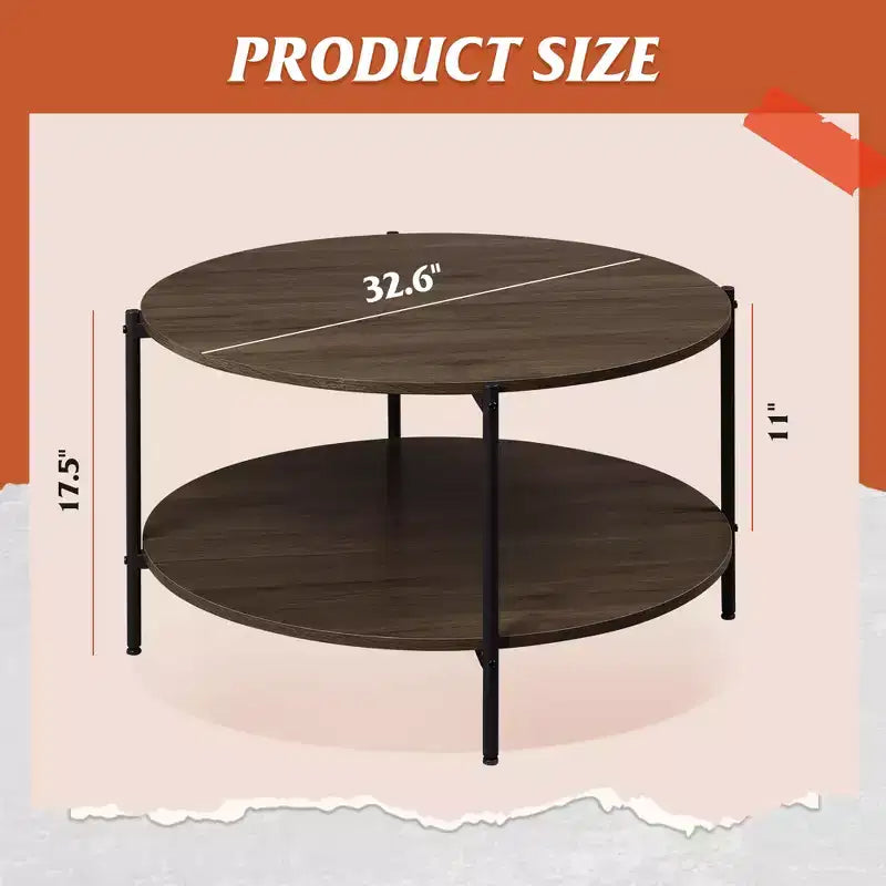 32.6 Round Coffee Table with Open Storage Shelf, 2-Tier Industrial Circle Wood Center Table