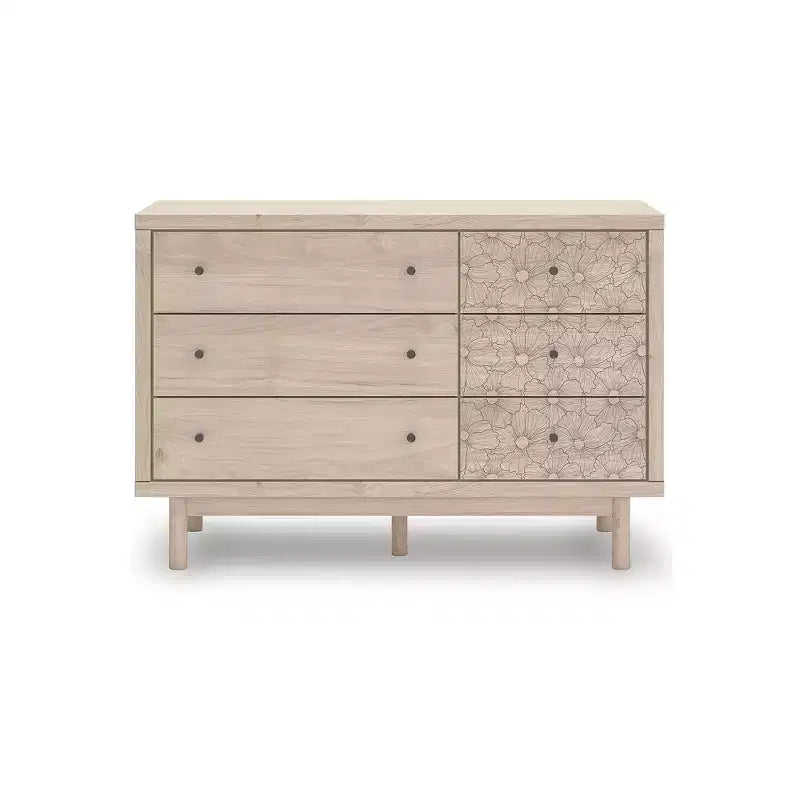 Signature Design by Ashley Birkmore 6-Drawer Dresser, Light Oak Finish with Floral Accents, Tan