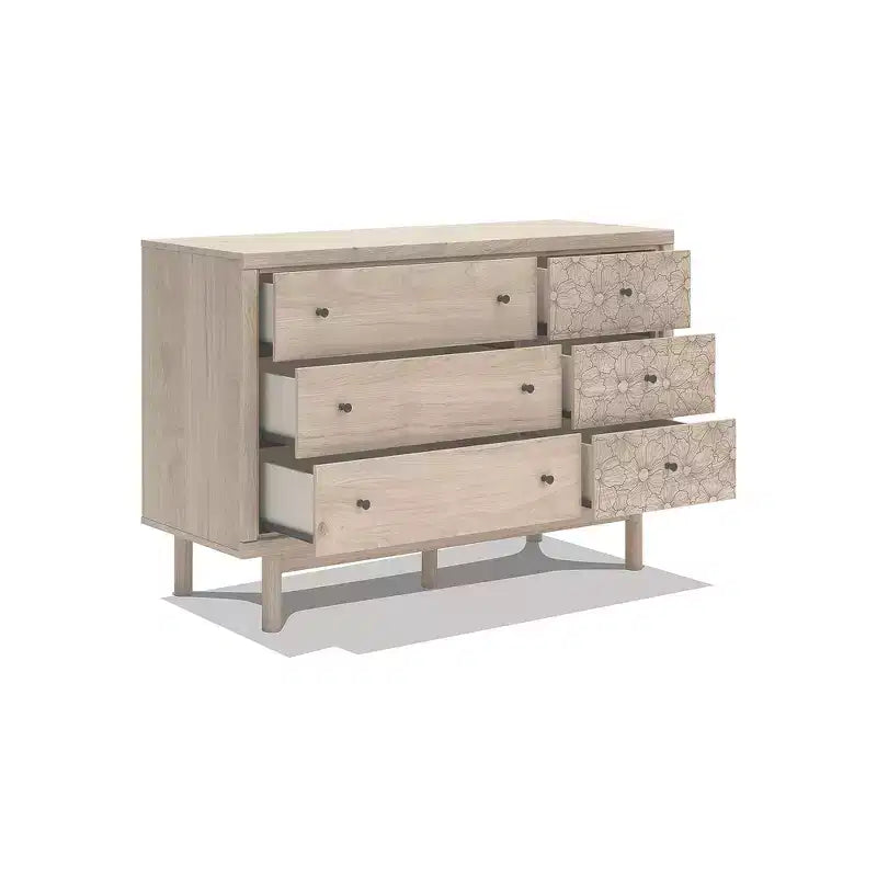 Signature Design by Ashley Birkmore 6-Drawer Dresser, Light Oak Finish with Floral Accents, Tan