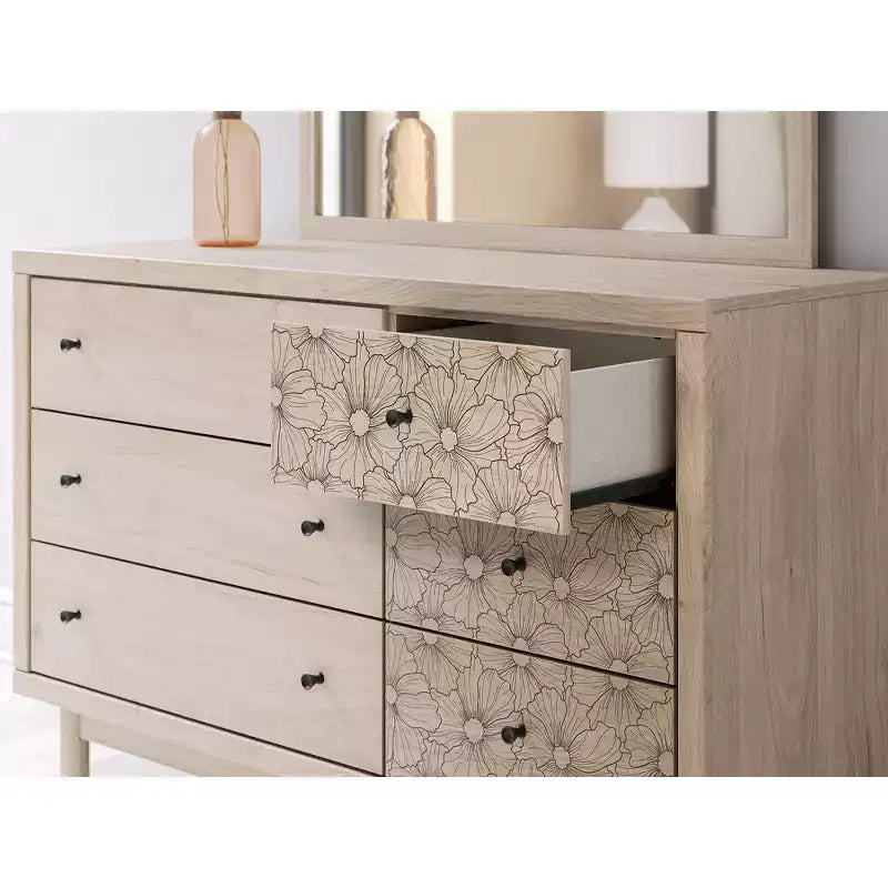 Signature Design by Ashley Birkmore 6-Drawer Dresser, Light Oak Finish with Floral Accents, Tan