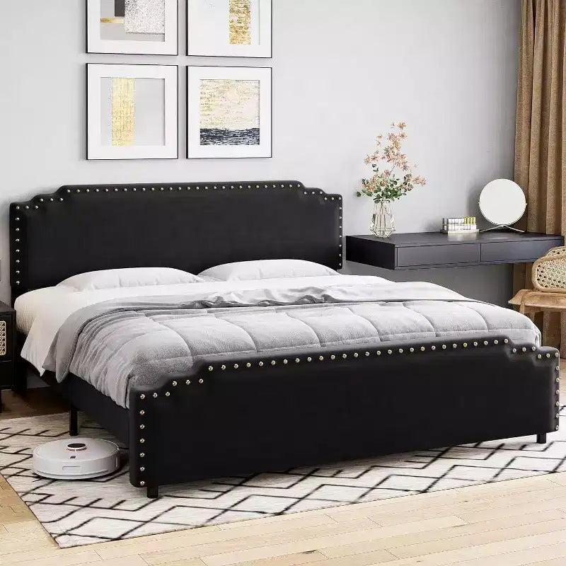 Bed Frame, Velvet Upholstered Platform Bed Frame with Riveted Decorative Headboard, No Box Spring Noiseless, Easy to Assemble