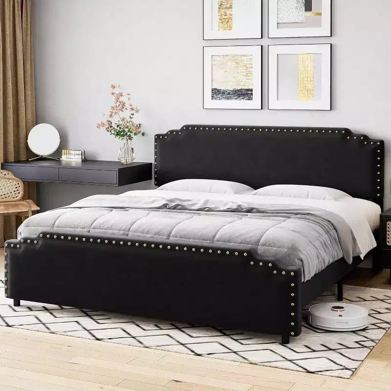 Bed Frame, Velvet Upholstered Platform Bed Frame with Riveted Decorative Headboard, No Box Spring Noiseless, Easy to Assemble