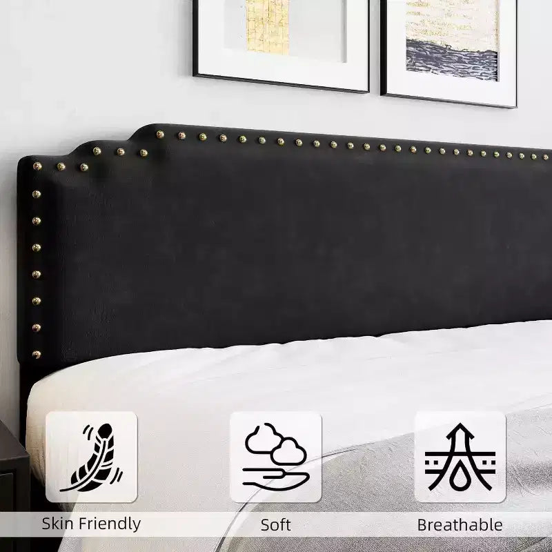 Bed Frame, Velvet Upholstered Platform Bed Frame with Riveted Decorative Headboard, No Box Spring Noiseless, Easy to Assemble