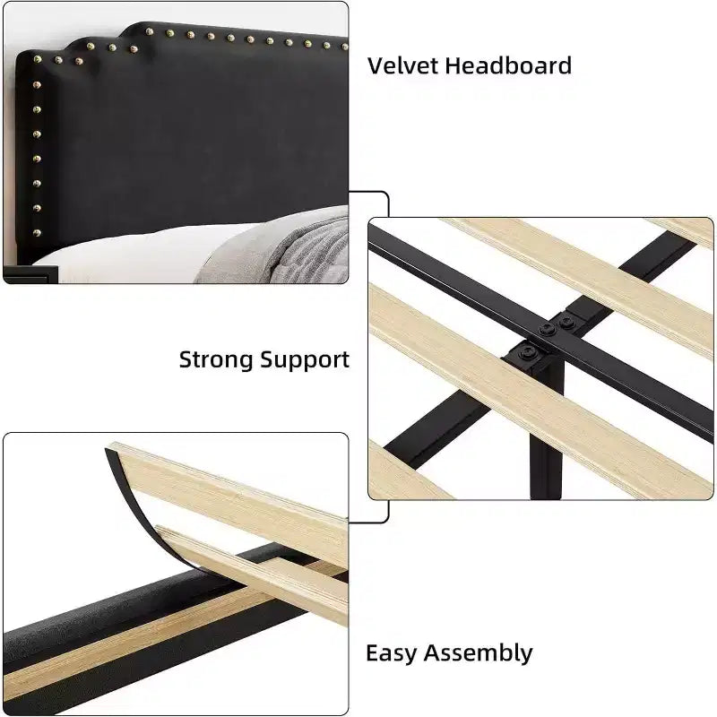 Bed Frame, Velvet Upholstered Platform Bed Frame with Riveted Decorative Headboard, No Box Spring Noiseless, Easy to Assemble