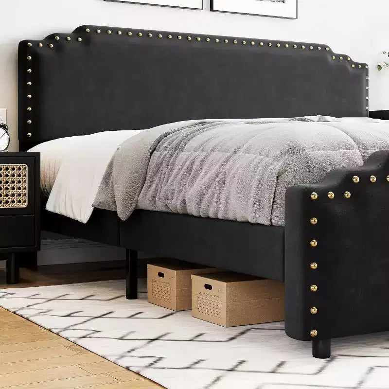 Bed Frame, Velvet Upholstered Platform Bed Frame with Riveted Decorative Headboard, No Box Spring Noiseless, Easy to Assemble