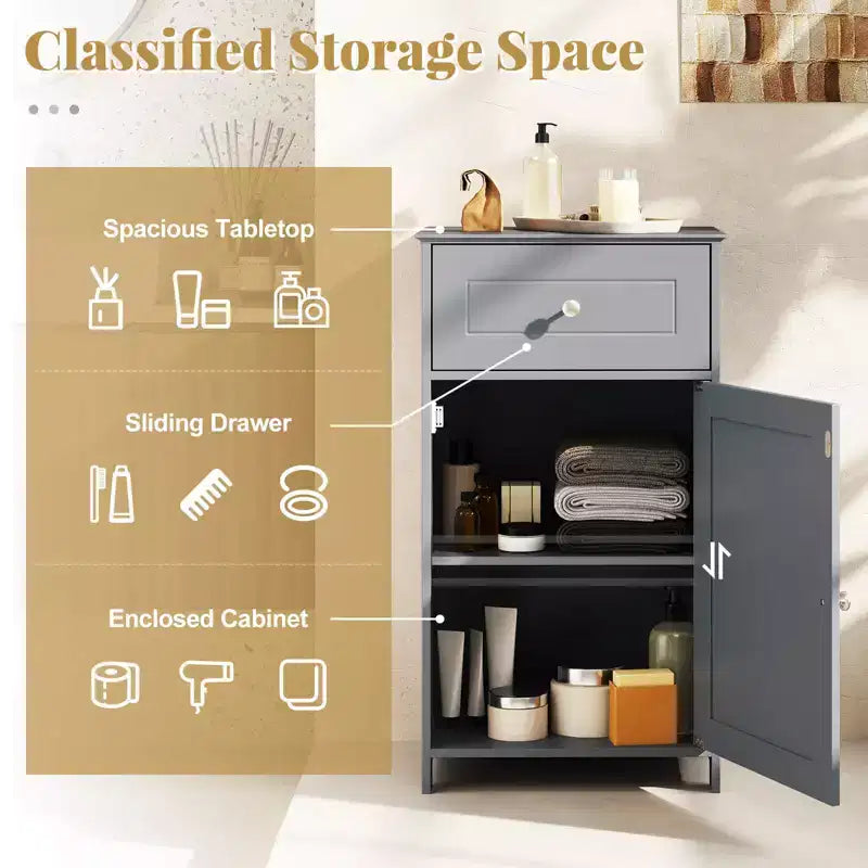 Costway White Floor Storage Cabinet Bathroom Organizer Cupboard Drawer Shelf Bath Towel White/Gray/Black