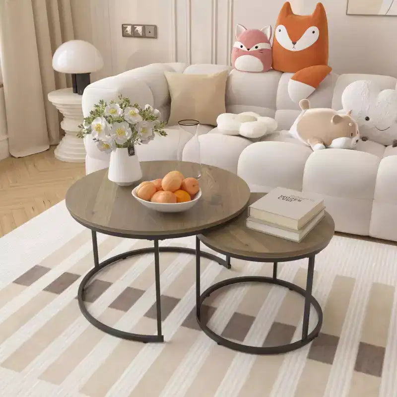 Round Nesting Coffee Table Cocktail Table Center Table Accent Table Side Table, Black/White/Brown-ModernLuxe