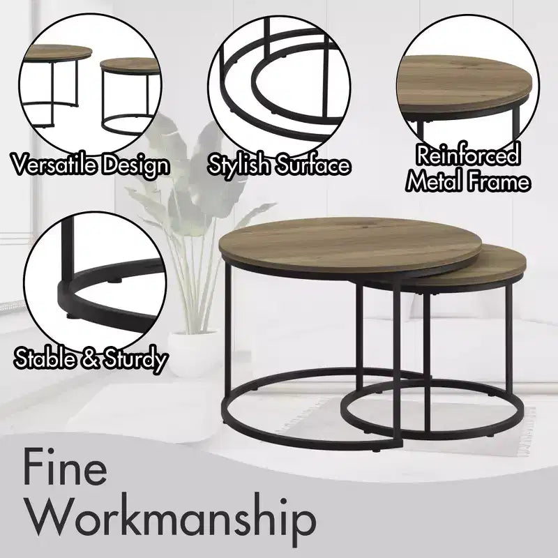 Round Nesting Coffee Table Cocktail Table Center Table Accent Table Side Table, Black/White/Brown-ModernLuxe