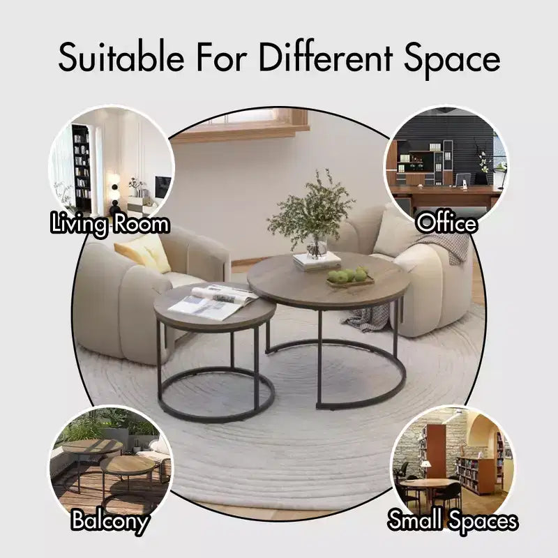 Round Nesting Coffee Table Cocktail Table Center Table Accent Table Side Table, Black/White/Brown-ModernLuxe