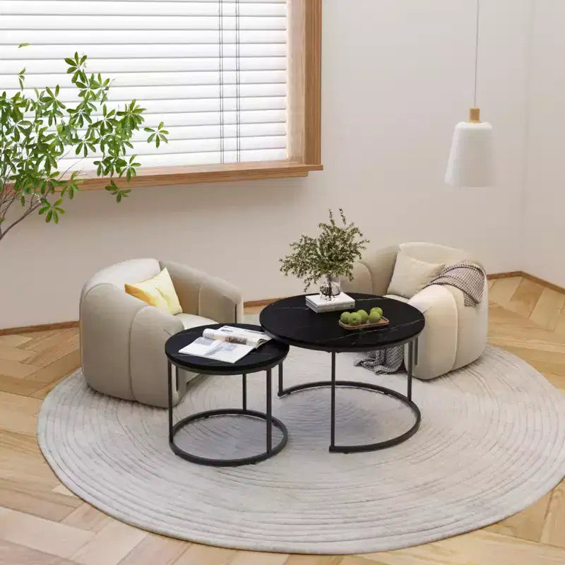 Round Nesting Coffee Table Cocktail Table Center Table Accent Table Side Table, Black/White/Brown-ModernLuxe