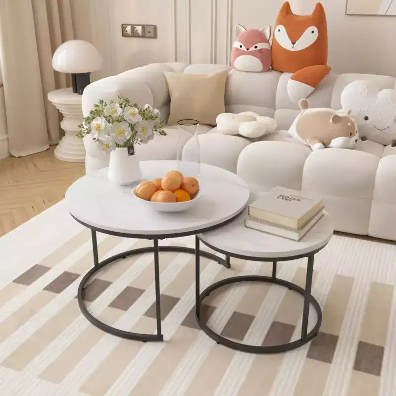 Round Nesting Coffee Table Cocktail Table Center Table Accent Table Side Table, Black/White/Brown-ModernLuxe