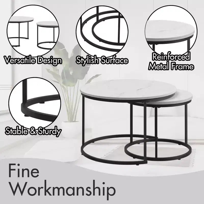 Round Nesting Coffee Table Cocktail Table Center Table Accent Table Side Table, Black/White/Brown-ModernLuxe