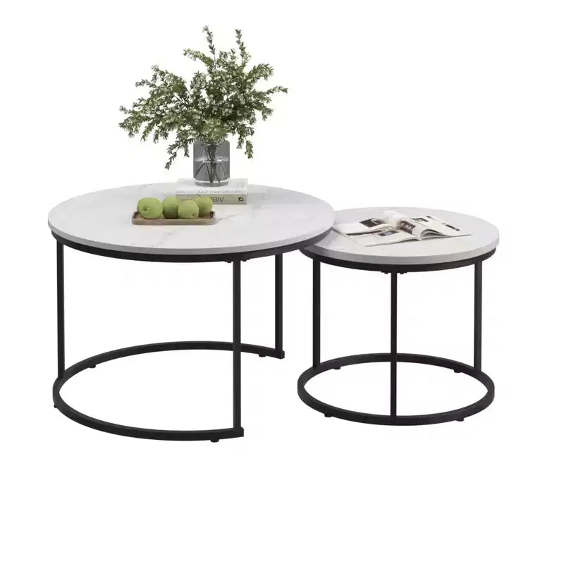Round Nesting Coffee Table Cocktail Table Center Table Accent Table Side Table, Black/White/Brown-ModernLuxe