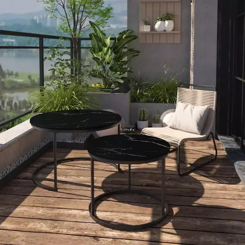 Round Nesting Coffee Table Cocktail Table Center Table Accent Table Side Table, Black/White/Brown-ModernLuxe