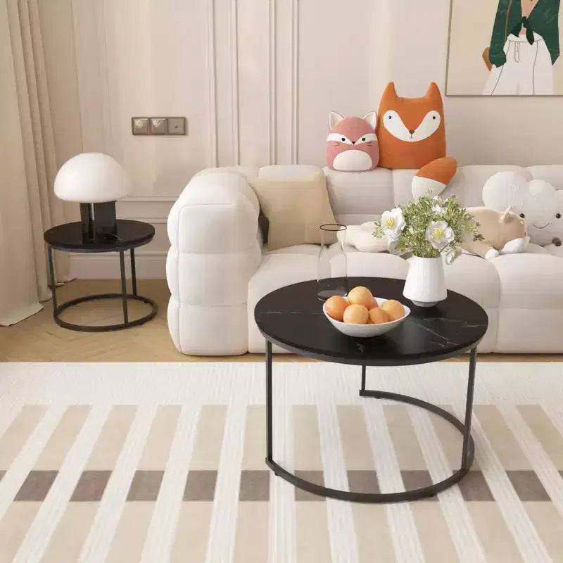 Round Nesting Coffee Table Cocktail Table Center Table Accent Table Side Table, Black/White/Brown-ModernLuxe