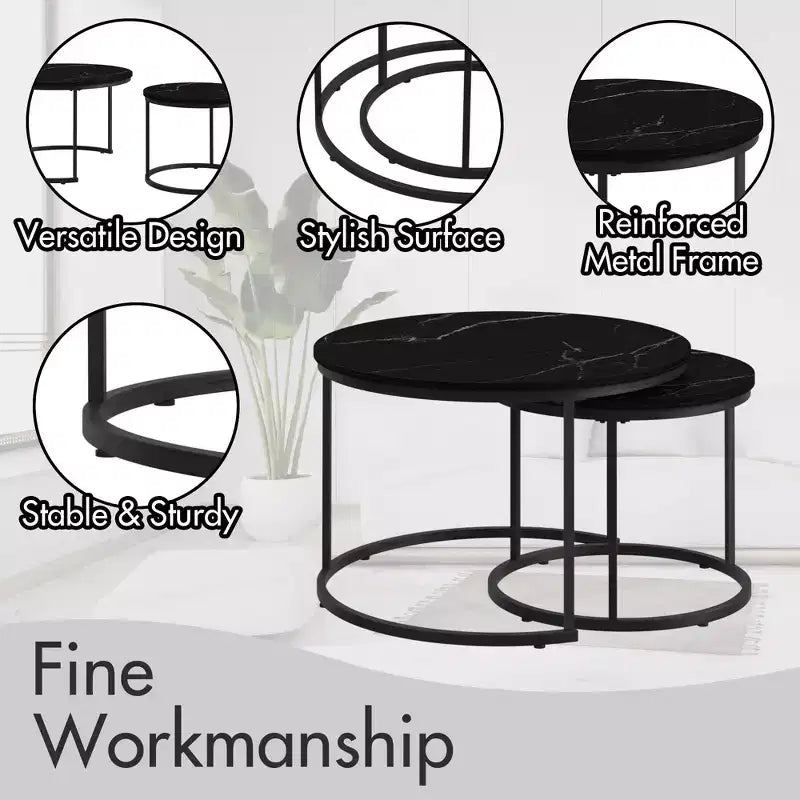 Round Nesting Coffee Table Cocktail Table Center Table Accent Table Side Table, Black/White/Brown-ModernLuxe