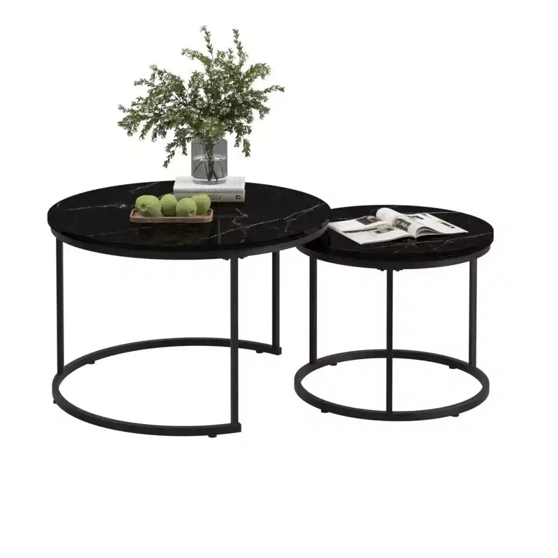 Round Nesting Coffee Table Cocktail Table Center Table Accent Table Side Table, Black/White/Brown-ModernLuxe