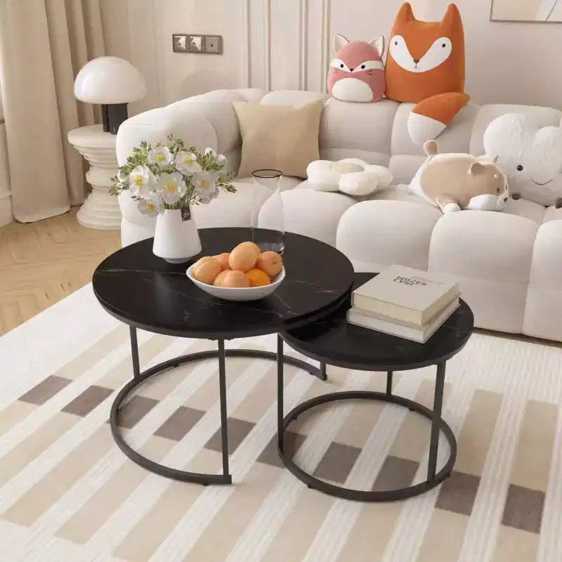 Round Nesting Coffee Table Cocktail Table Center Table Accent Table Side Table, Black/White/Brown-ModernLuxe