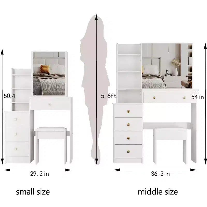 Okak Vanity Table and Chair Set and Cushioned Stool, 29.2 Compact Left-Side Bedside Dressing Table with Touch Sliding LED Mirror, White