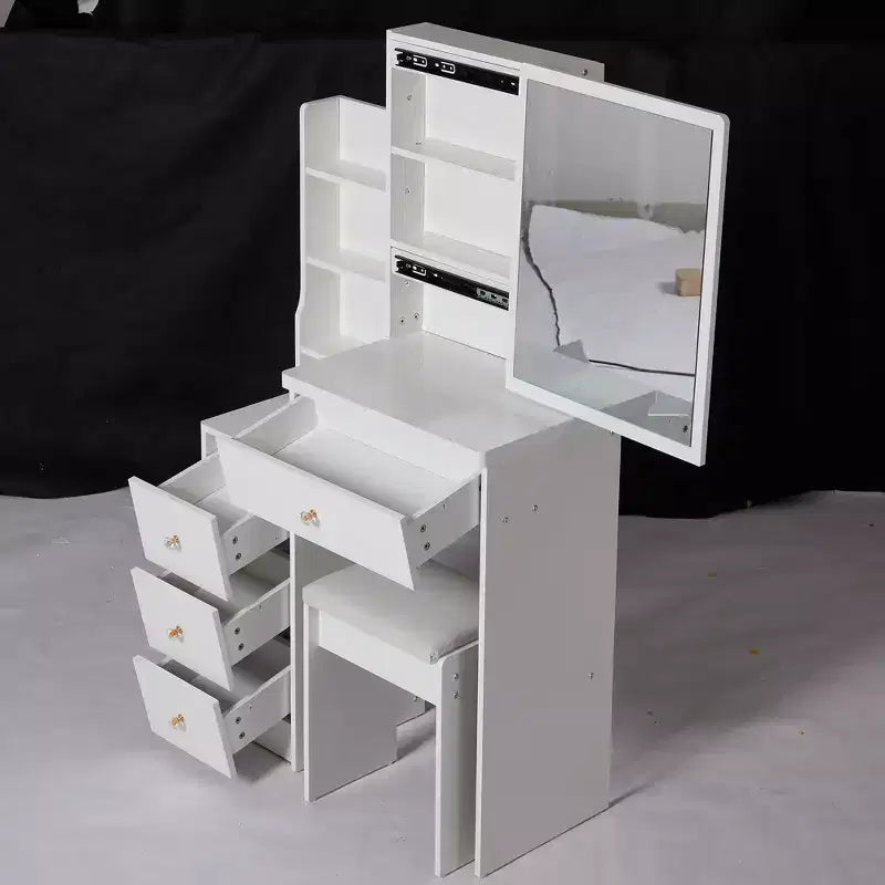 Okak Vanity Table and Chair Set and Cushioned Stool, 29.2 Compact Left-Side Bedside Dressing Table with Touch Sliding LED Mirror, White