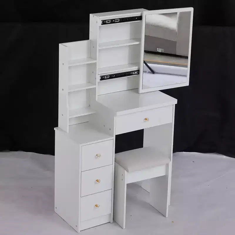Okak Vanity Table and Chair Set and Cushioned Stool, 29.2 Compact Left-Side Bedside Dressing Table with Touch Sliding LED Mirror, White