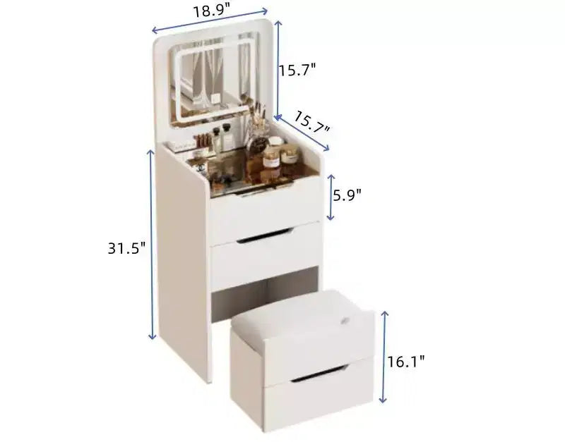 Okak 18.9 3-in-1 Vanity Table and Stool Set with Flip-Top Mirror,Compact Makeup Vanity with Visible Glass Desktop and 3 Drawers,White