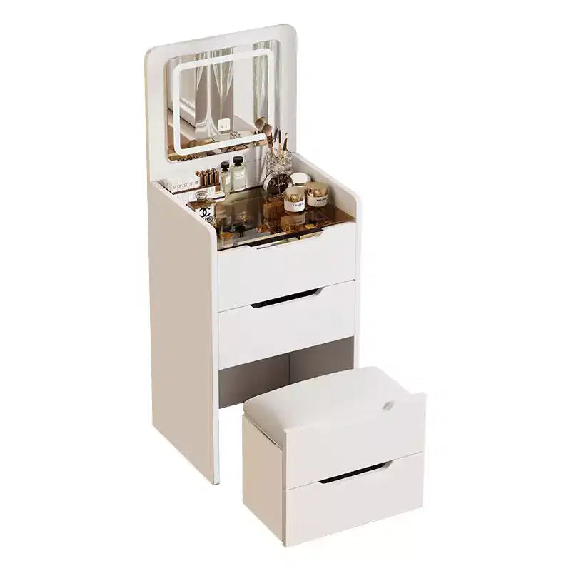 Okak 18.9 3-in-1 Vanity Table and Stool Set with Flip-Top Mirror,Compact Makeup Vanity with Visible Glass Desktop and 3 Drawers,White