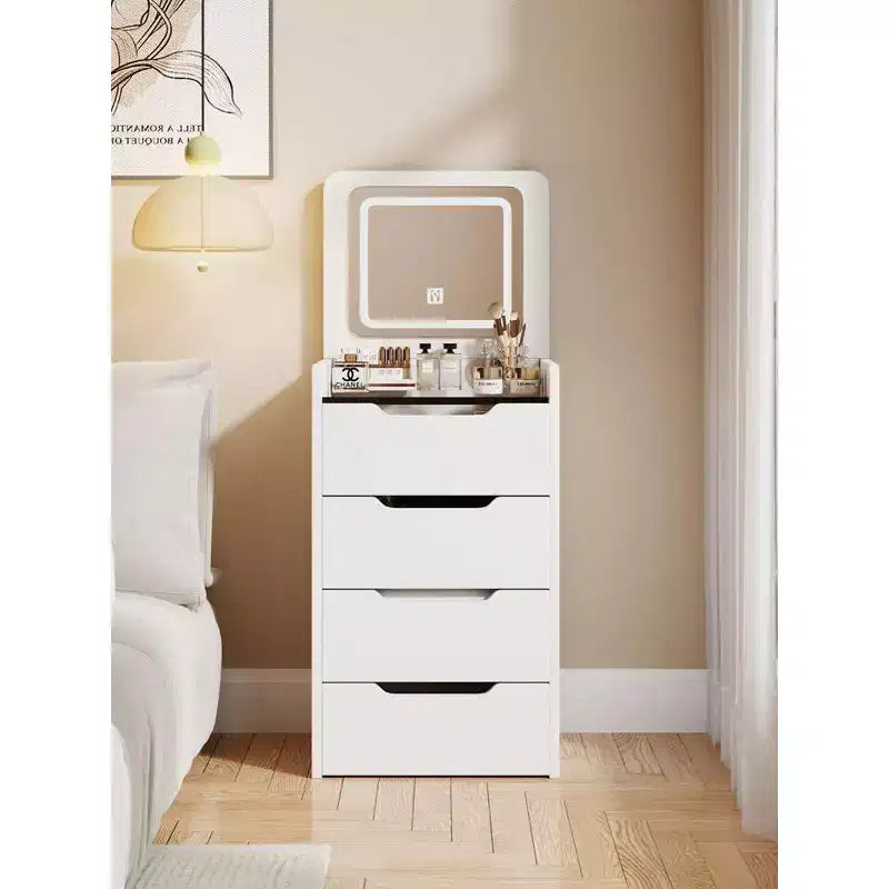Okak 18.9 3-in-1 Vanity Table and Stool Set with Flip-Top Mirror,Compact Makeup Vanity with Visible Glass Desktop and 3 Drawers,White