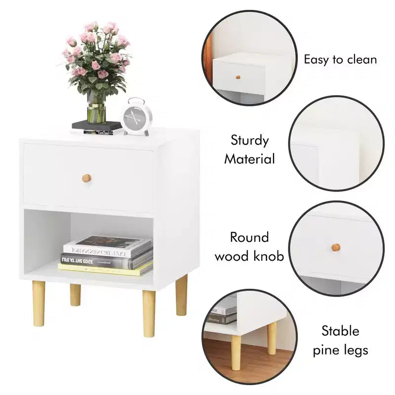 Kids Nightstand Wooden Nightstand End Table Side Table with Drawer&Shelf, White-ModernLuxe