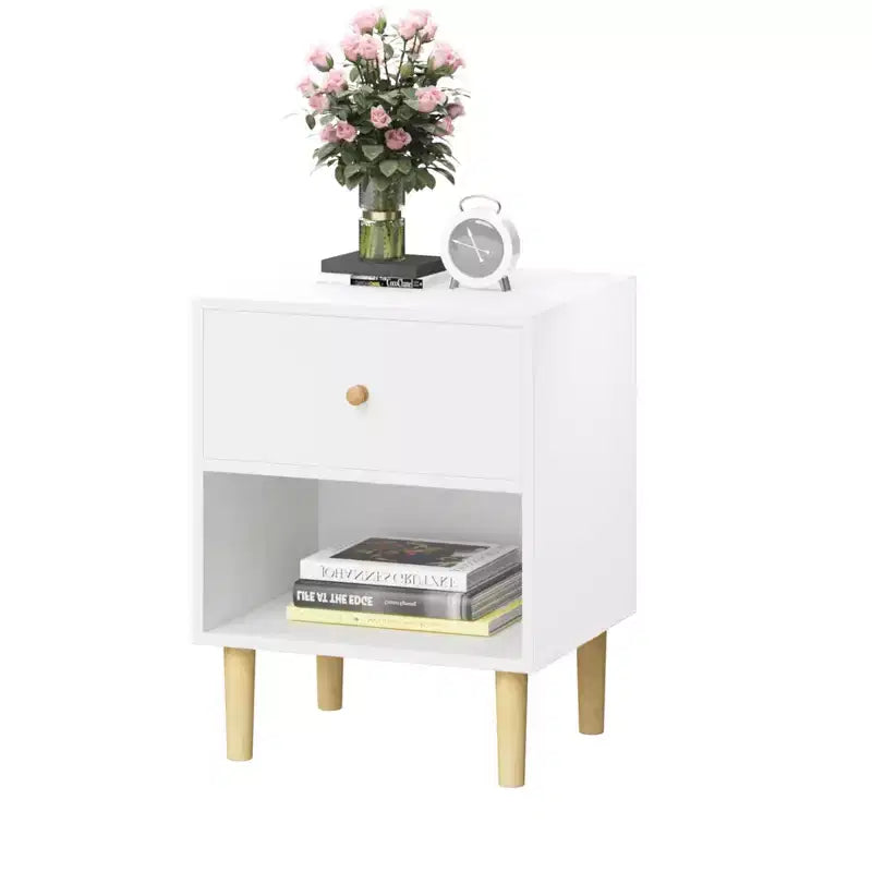 Kids Nightstand Wooden Nightstand End Table Side Table with Drawer&Shelf, White-ModernLuxe