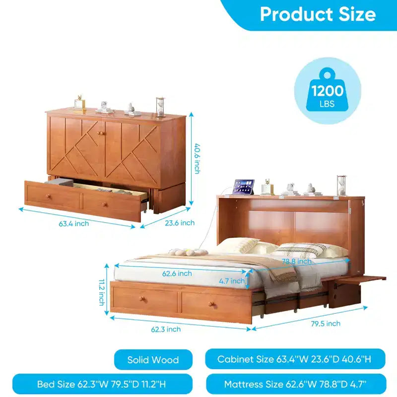 Mjkone Modern Queen Size Murphy Bed with USB ports & Foldable Mattress
