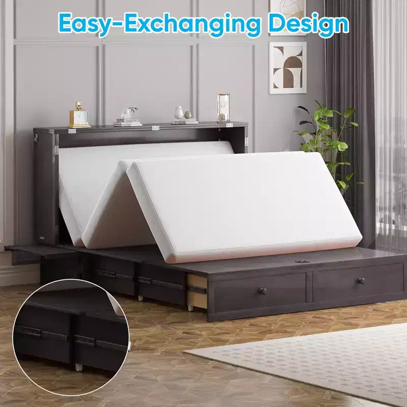 Mjkone Modern Queen Size Murphy Bed with USB ports & Foldable Mattress
