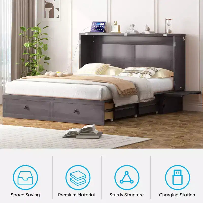 Mjkone Modern Queen Size Murphy Bed with USB ports & Foldable Mattress